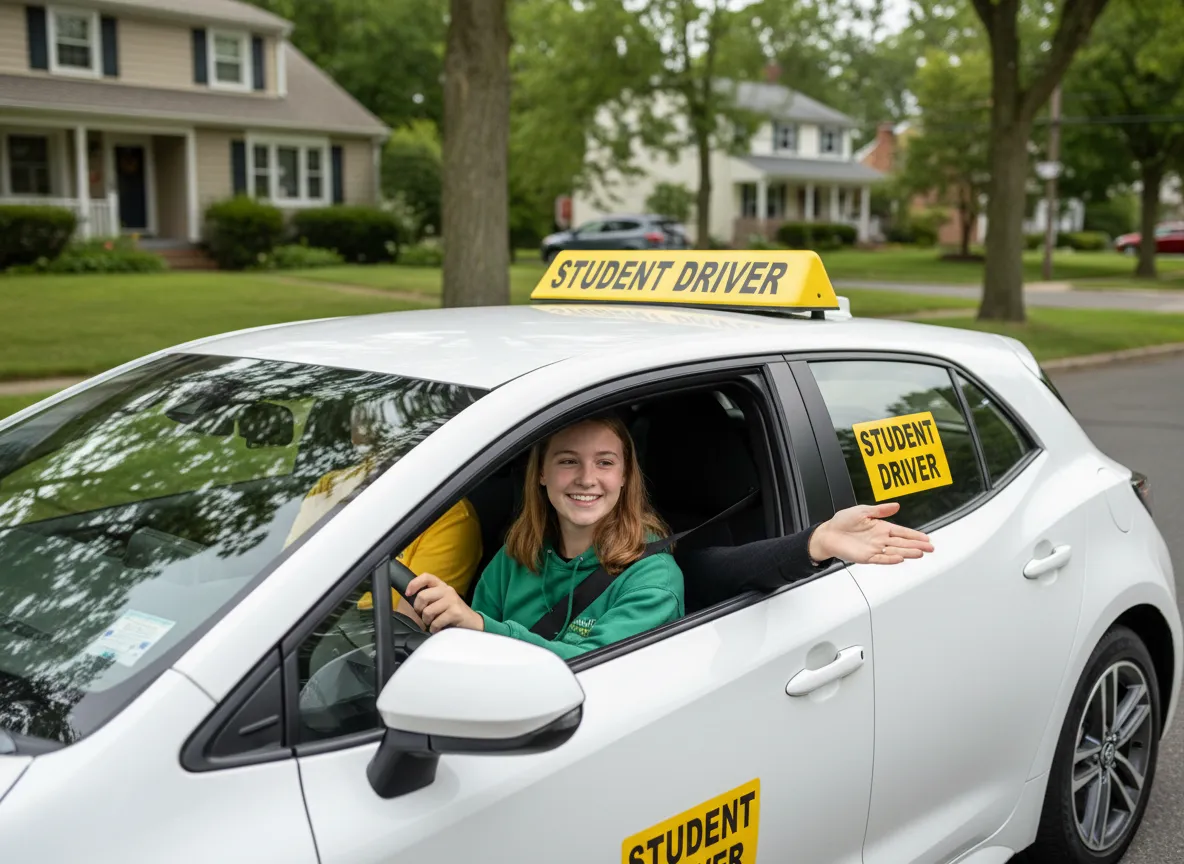 Driving instructor teaching a happy student driver